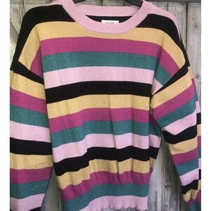 Nine West Pink Green Yellow Black Stripe Balloon Sleeve Sweater Coquete Sparkl L